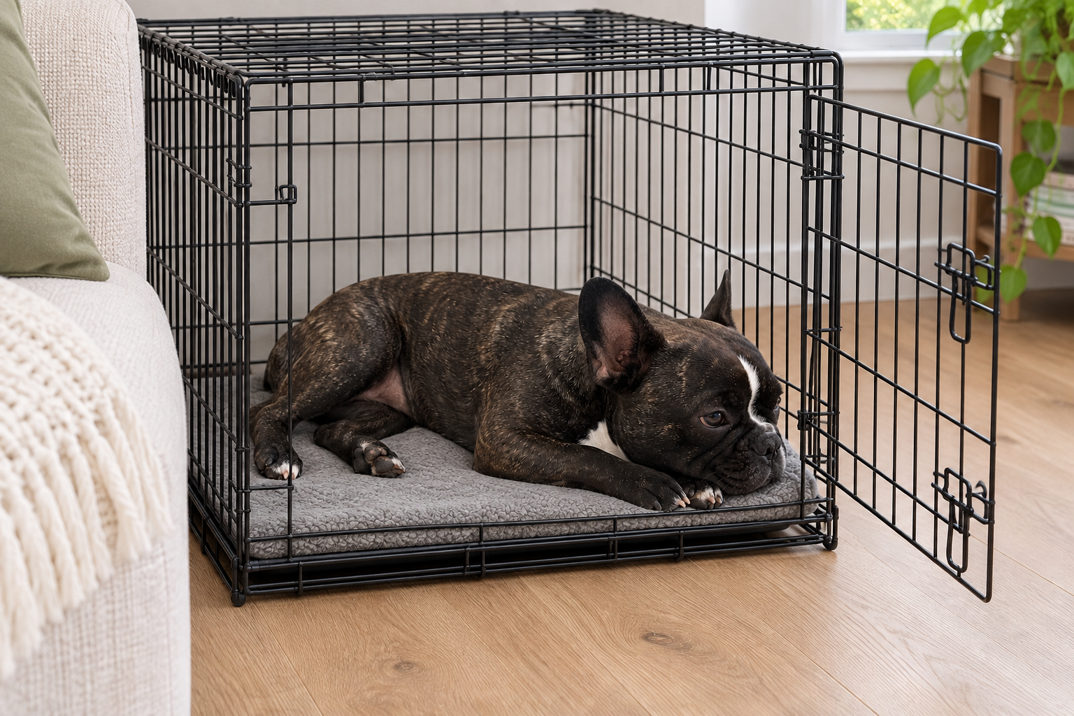 Nina resting inside an open crate beside the cream sofa