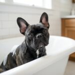 Dark brindle French Bulldog sitting in a white bathtub during bath time