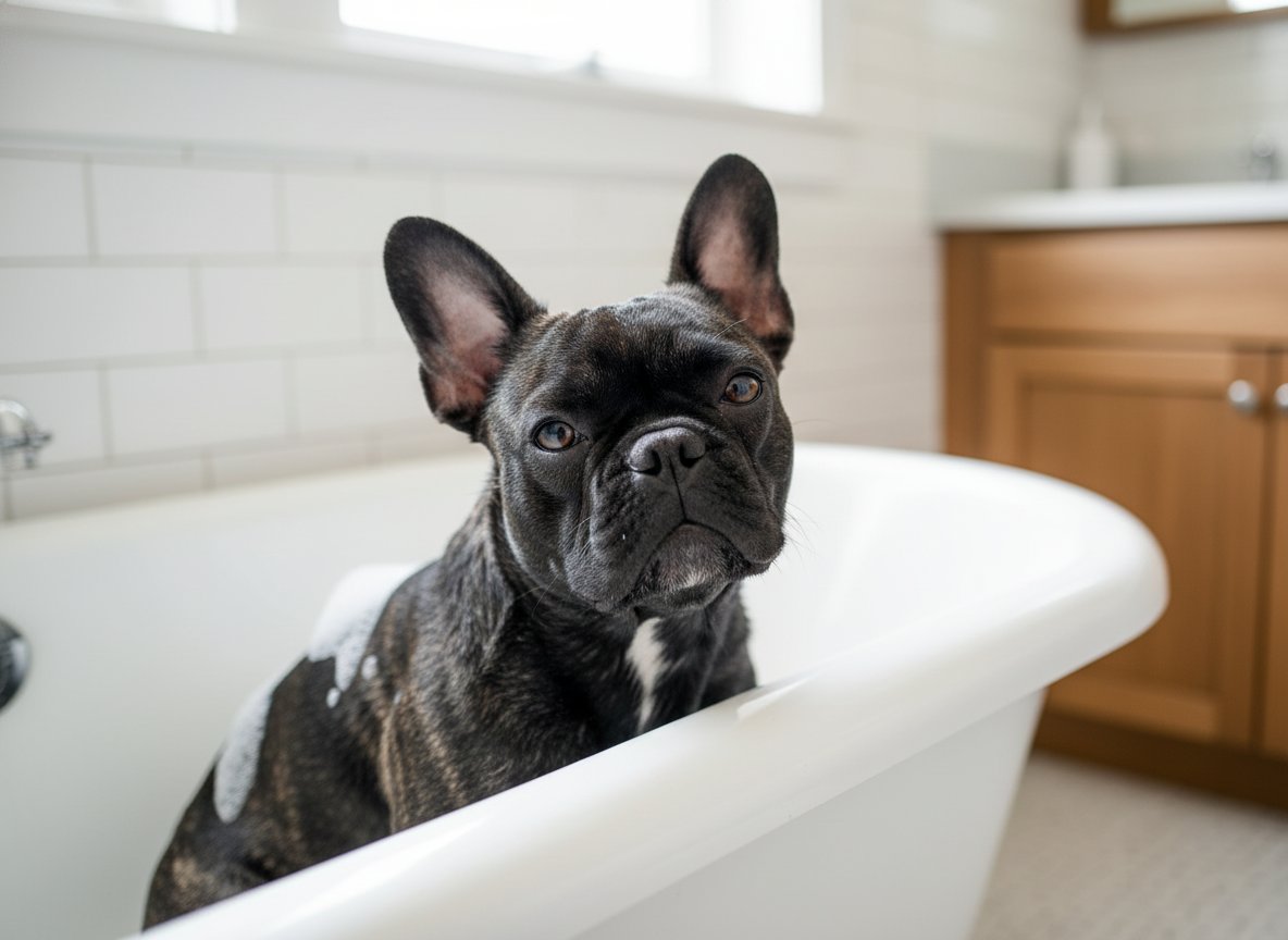 Dark brindle French Bulldog sitting in a white bathtub during bath time