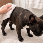 Dark brindle French Bulldog looking down while a towel gently dries her back on a bathroom mat
