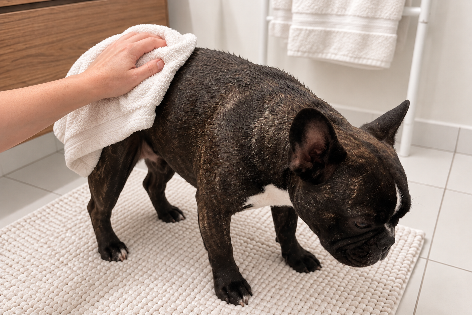 Dark brindle French Bulldog looking down while a towel gently dries her back on a bathroom mat