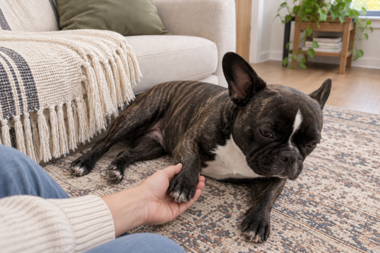 Brindle French Bulldog resting beside a cream sofa while a hand gently supports one front paw