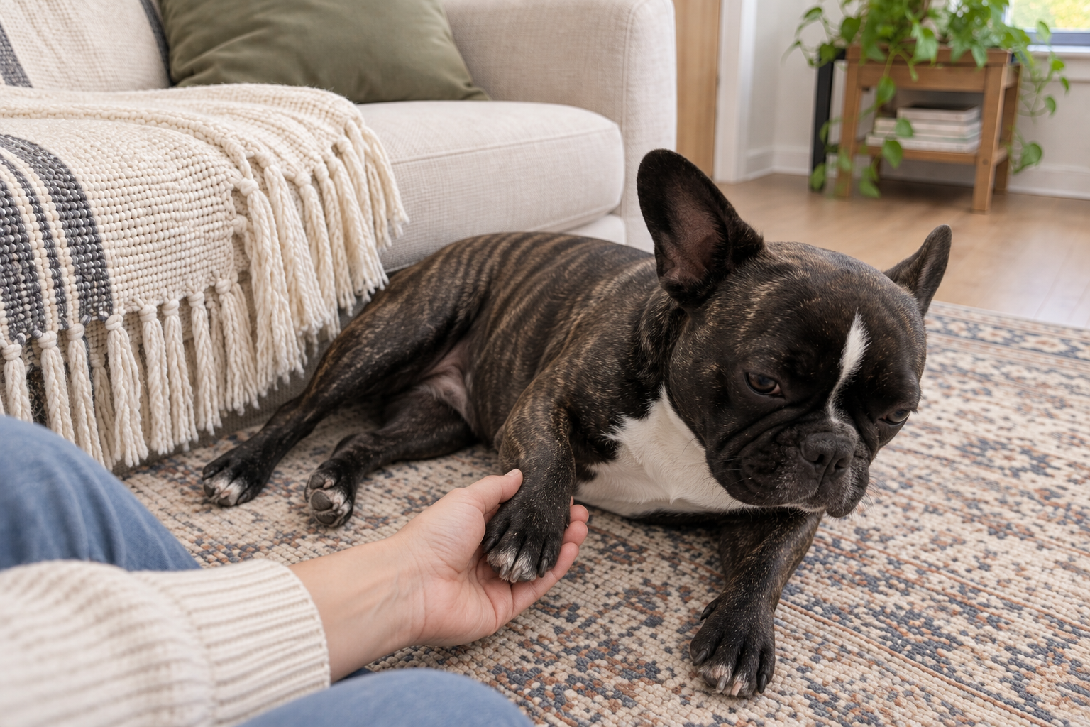 Brindle French Bulldog resting beside a cream sofa while a hand gently supports one front paw