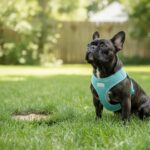 French Bulldog Nina sitting on the grass in a teal harness during potty training
