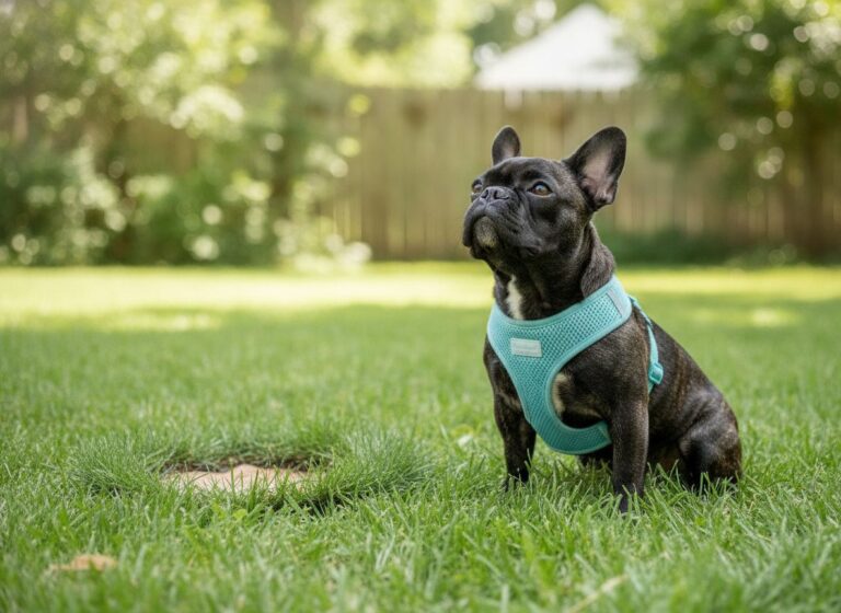 French Bulldog Nina sitting on the grass in a teal harness during potty training