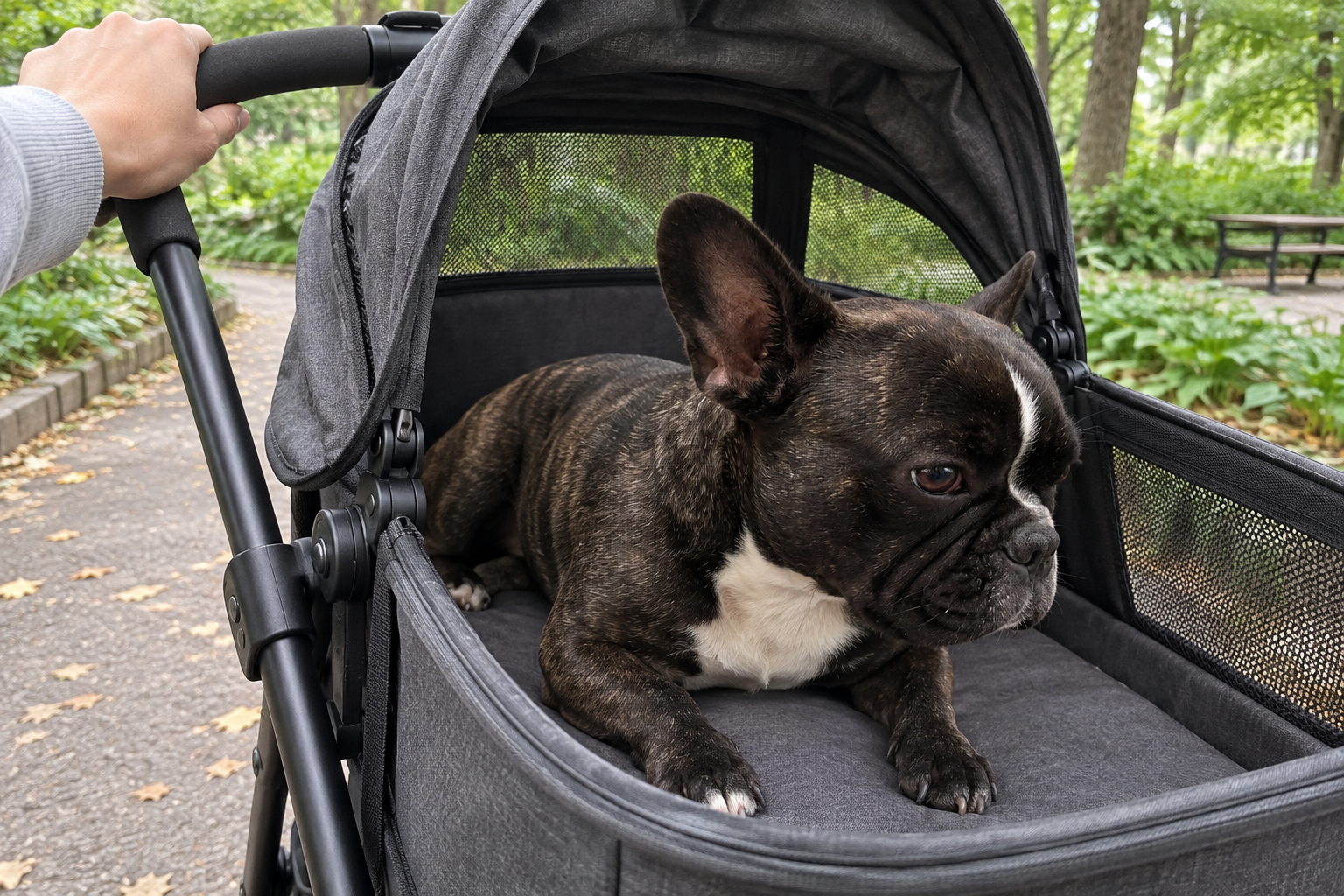 Nina resting in a roomy pet stroller on a shaded path