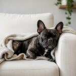 French Bulldog Nina relaxing on a couch after dinner