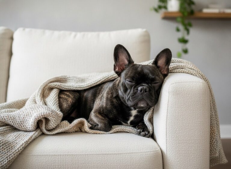 French Bulldog Nina relaxing on a couch after dinner