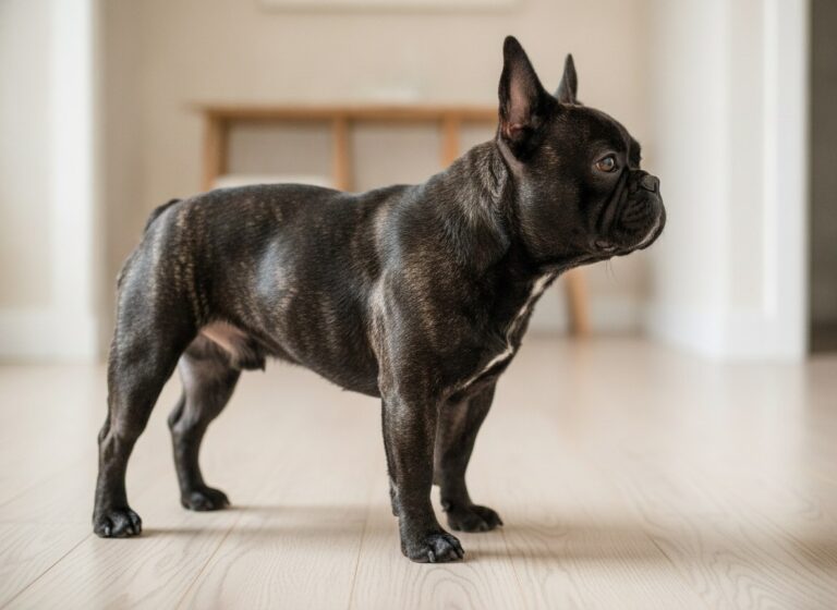 French Bulldog Nina standing in profile, showing her compact build
