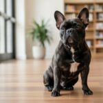 French Bulldog Nina sitting attentively beside her owner in public
