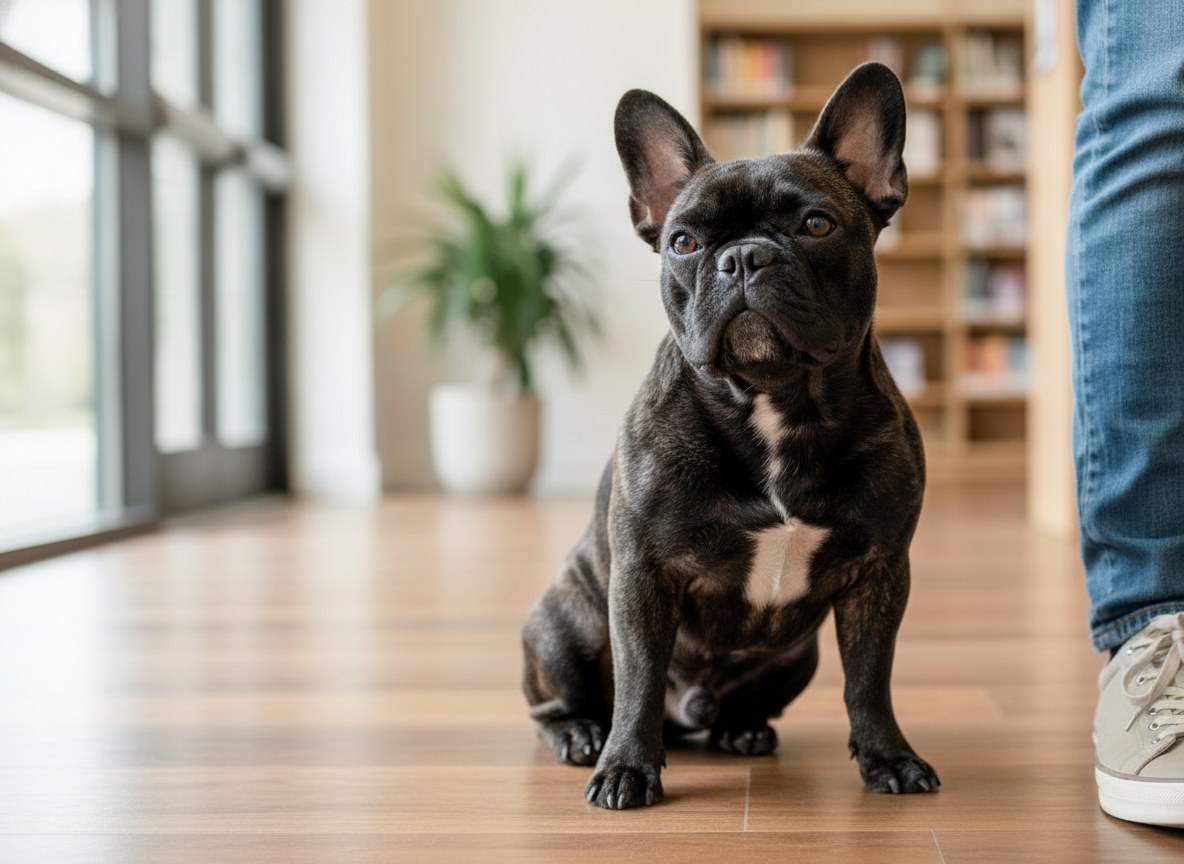 French Bulldog Nina sitting attentively beside her owner in public