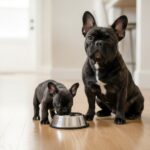 French Bulldog puppy sitting next to a food bowl in a bright kitchen