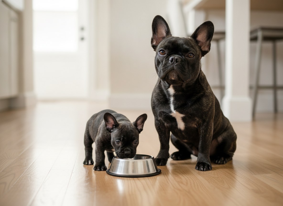 French Bulldog puppy sitting next to a food bowl in a bright kitchen