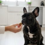 French Bulldog Nina being offered a supplement chew in a kitchen
