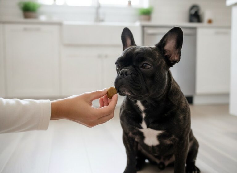 French Bulldog Nina being offered a supplement chew in a kitchen
