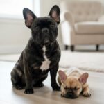An adult French Bulldog beside a French Bulldog puppy at home