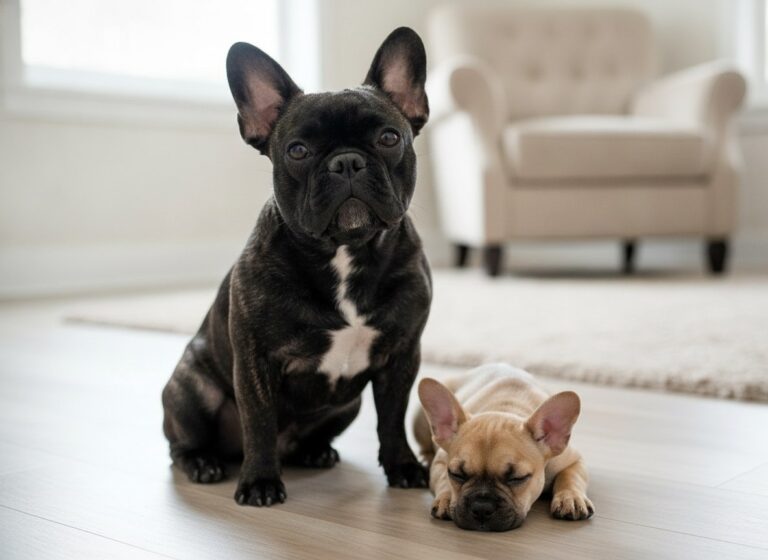 An adult French Bulldog beside a French Bulldog puppy at home