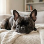 A French Bulldog resting calmly on a soft blanket at home