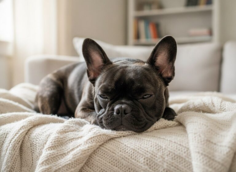 A French Bulldog resting calmly on a soft blanket at home