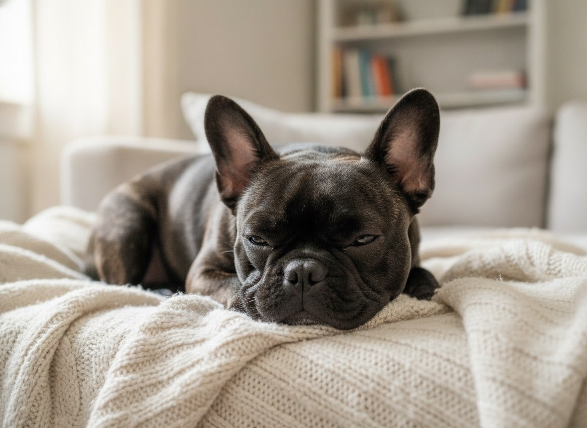 A French Bulldog resting calmly on a soft blanket at home
