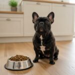 French Bulldog Nina sitting next to a food bowl in a bright kitchen