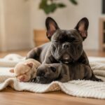 A French Bulldog resting beside two small puppies on a blanket