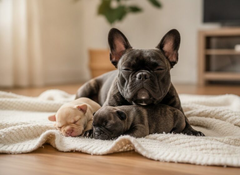 A French Bulldog resting beside two small puppies on a blanket