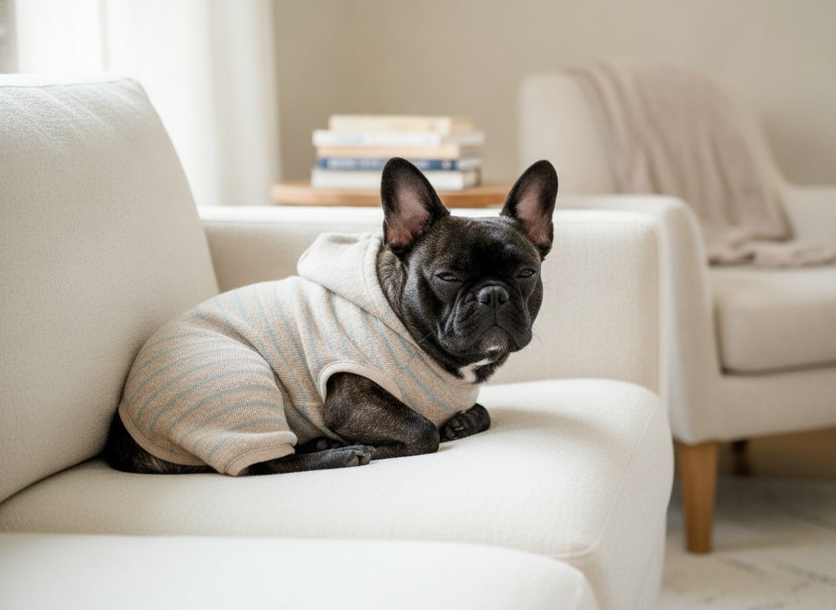 A French Bulldog resting on a couch in a cozy onesie