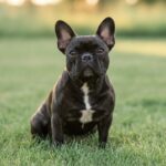 A healthy French Bulldog sitting outdoors in golden evening light