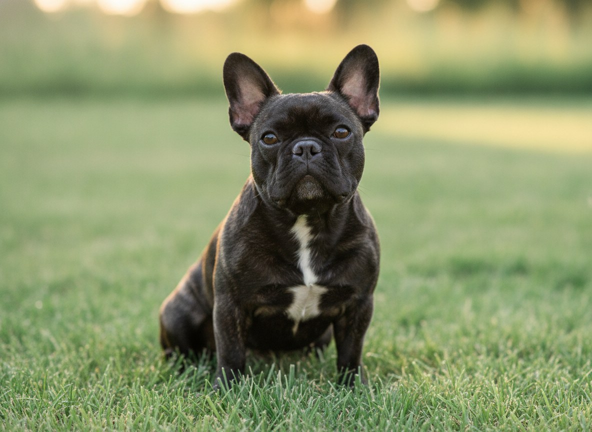 A healthy French Bulldog sitting outdoors in golden evening light