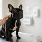 A French Bulldog calmly being checked over at the vet