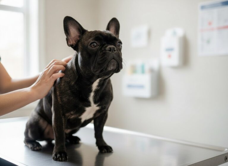 A French Bulldog calmly being checked over at the vet