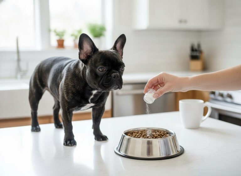 French Bulldog Nina waiting as a probiotic is added to her food