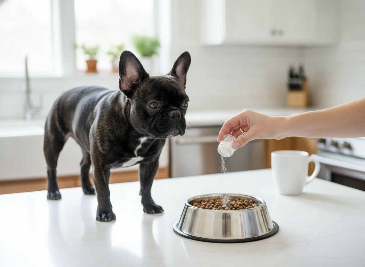French Bulldog Nina waiting as a probiotic is added to her food