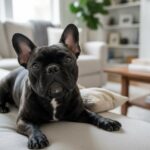 A French Bulldog looking innocent on the couch