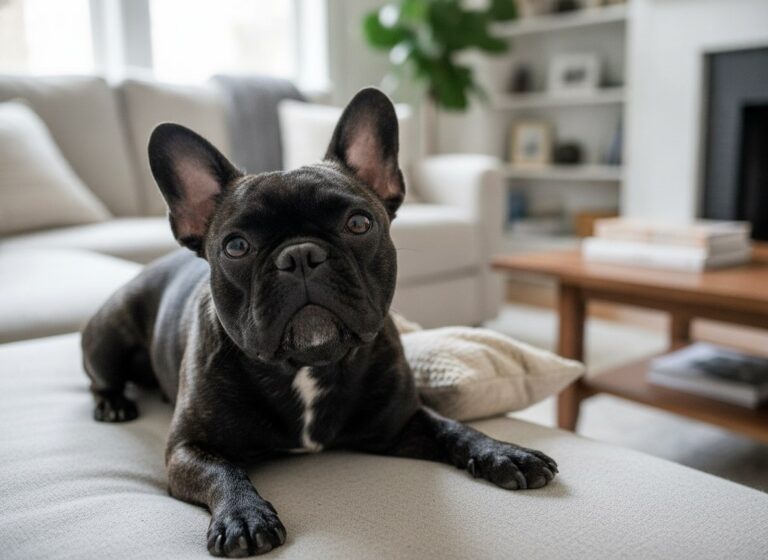 A French Bulldog looking innocent on the couch