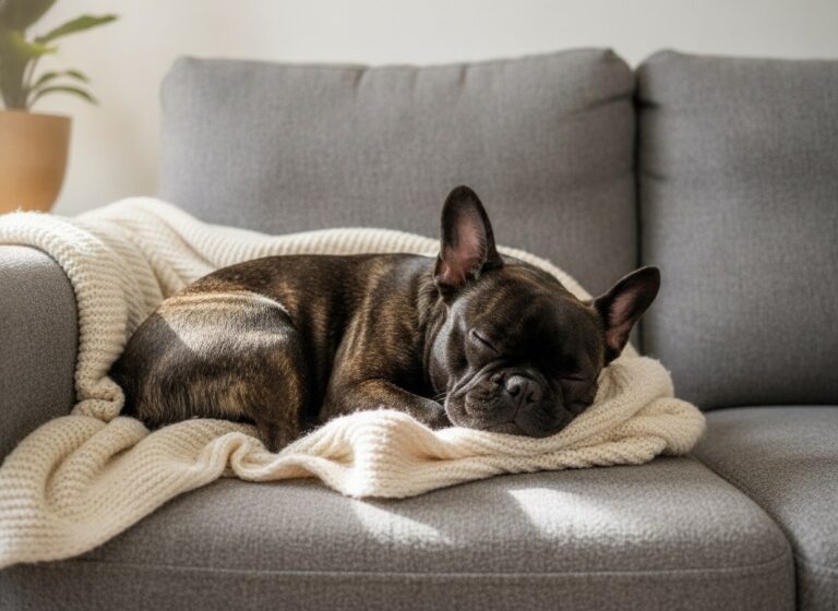A French Bulldog sleeping curled up on a blanket