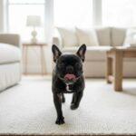 An energetic French Bulldog playing on a rug