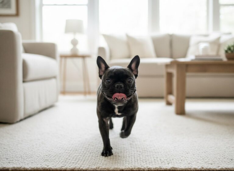 An energetic French Bulldog playing on a rug