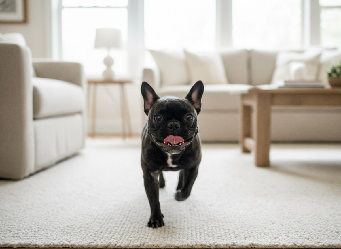 An energetic French Bulldog playing on a rug