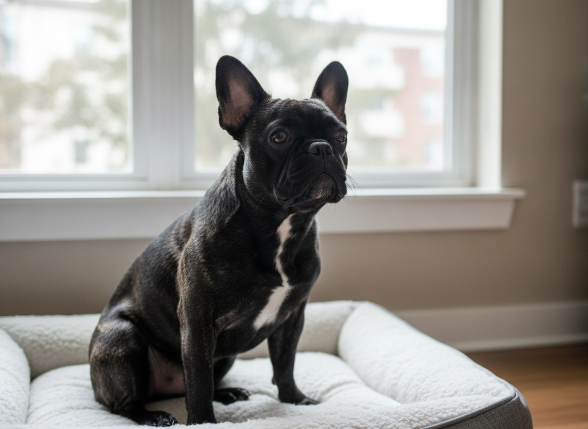 A French Bulldog sitting calmly by a window