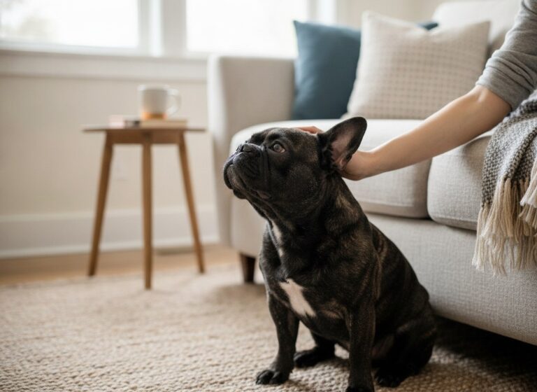 A French Bulldog looking affectionately at its owner