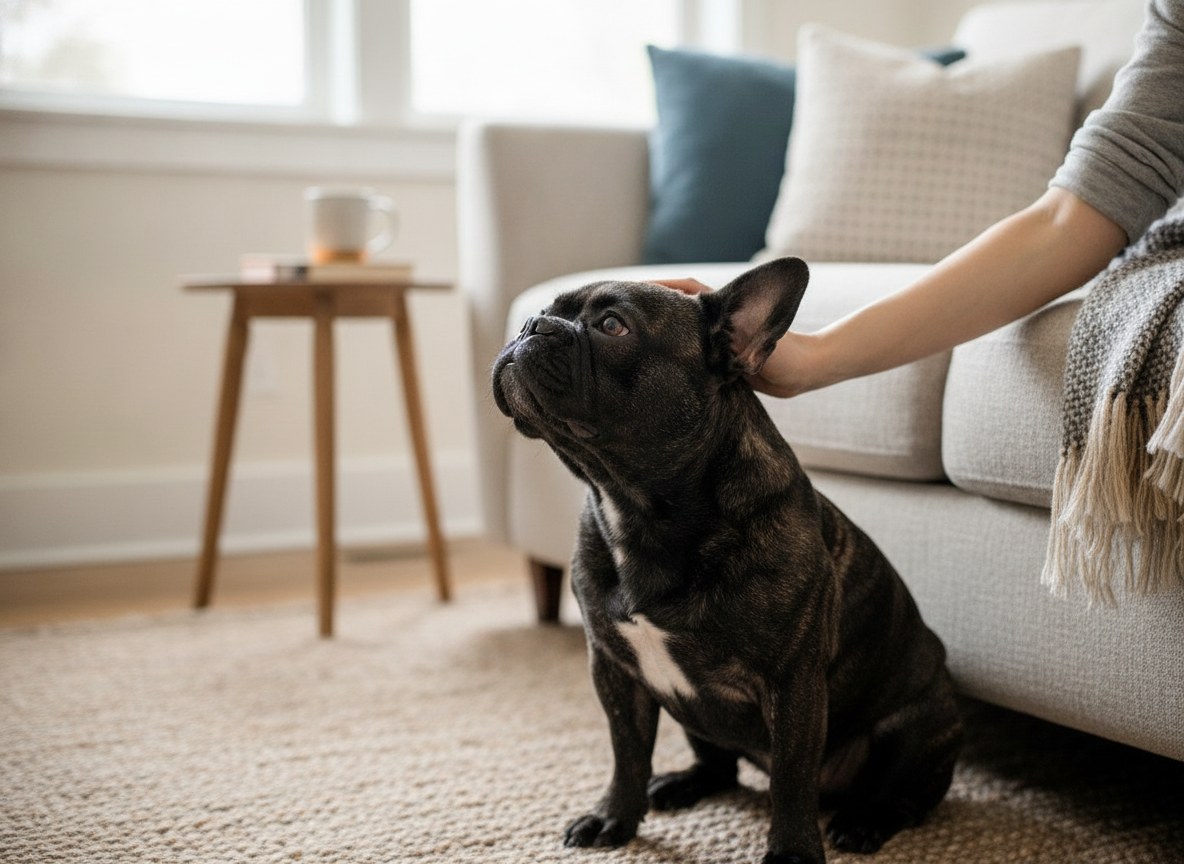 A French Bulldog looking affectionately at its owner