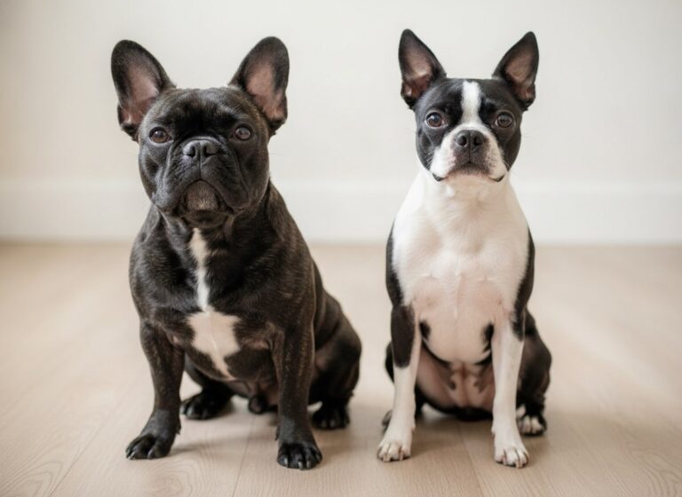 A French Bulldog and a Boston Terrier sitting side by side