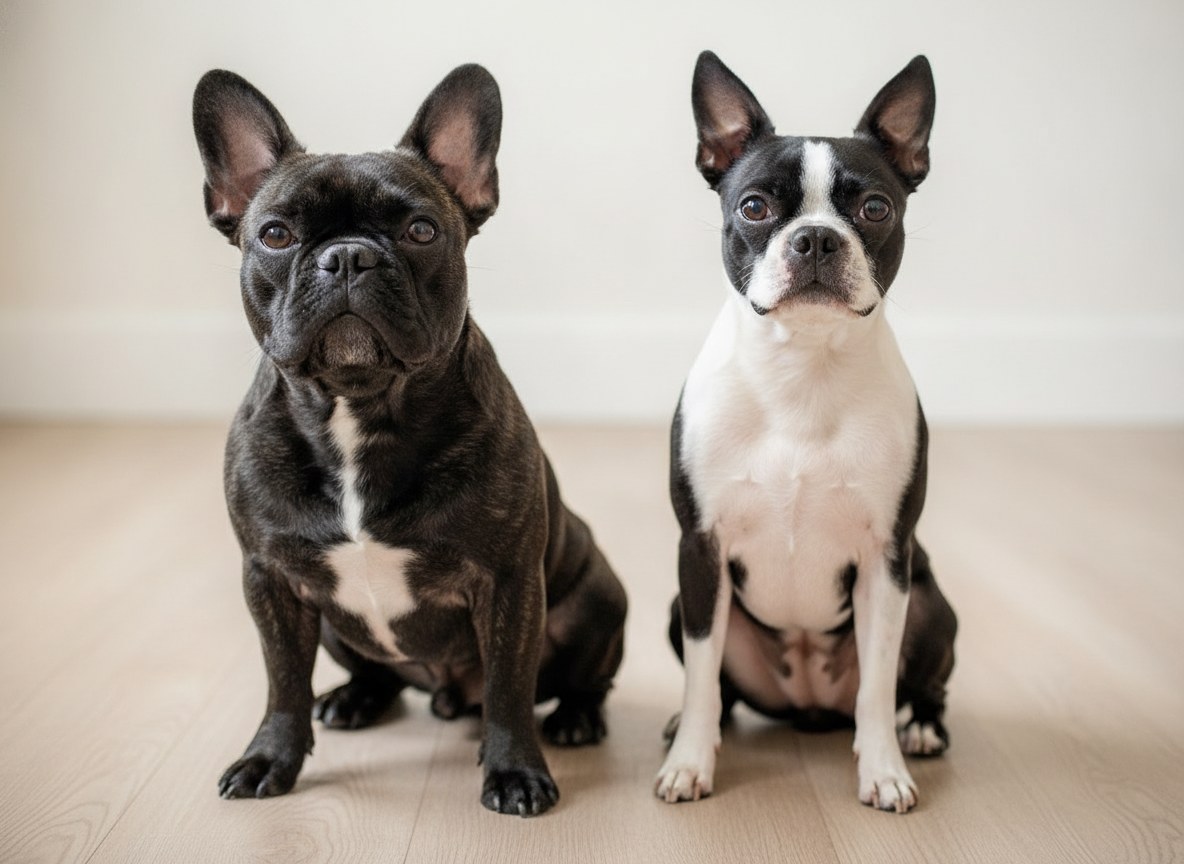 A French Bulldog and a Boston Terrier sitting side by side
