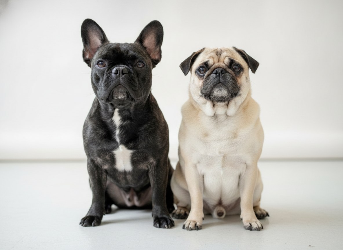 A French Bulldog and a pug sitting side by side