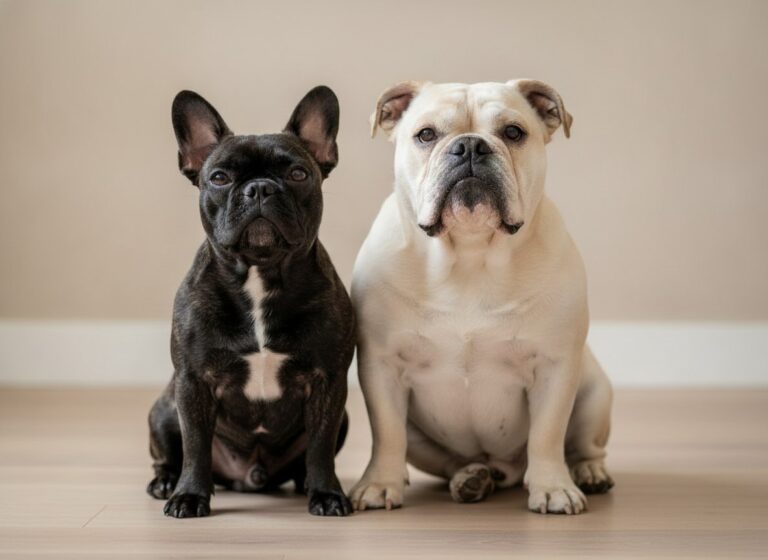 A French Bulldog beside a larger English Bulldog