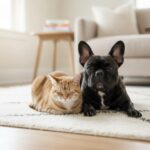 A French Bulldog and a cat relaxing together at home