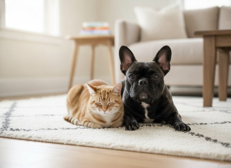 A French Bulldog and a cat relaxing together at home