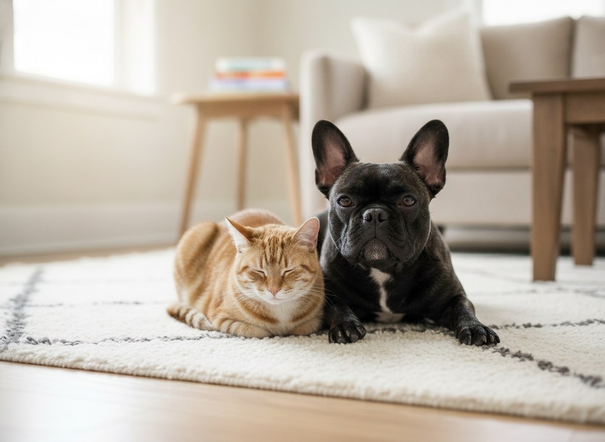 A French Bulldog and a cat relaxing together at home